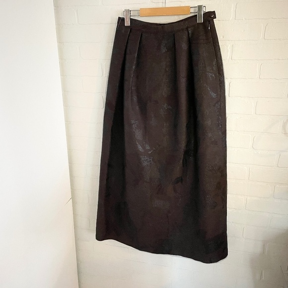 Vintage Maxi skirt Formal Jacquart Tulle Brown Floral Wool blend Shiny Sz 10 - Picture 2 of 13